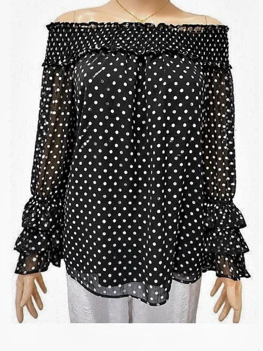 CeCe Off-The-Shoulder Polka Dot Ruffle Sleeve Blouse Black & White Size XS